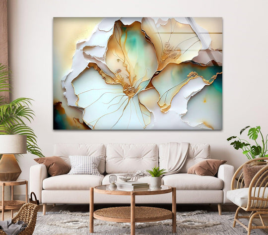 A mesmerizing abstract white-gold flower glass wall art decor piece showcases delicate layering and rich textures.