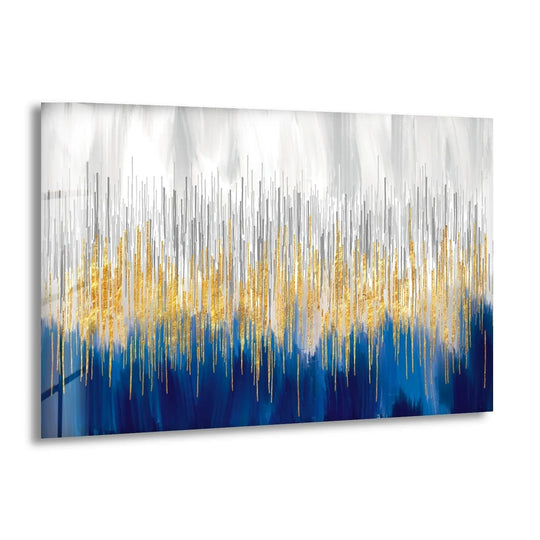 A realistic detail of abstract sapphire and navy brushstrokes embellished with gleaming gold and silver metallic ink on tempered glass art.
