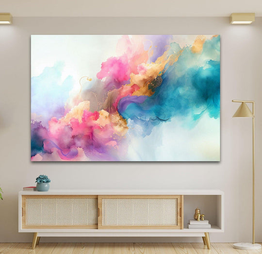 Vast expanse of negative space showcases the vibrant watercolor abstracts in this unique glass printing.
