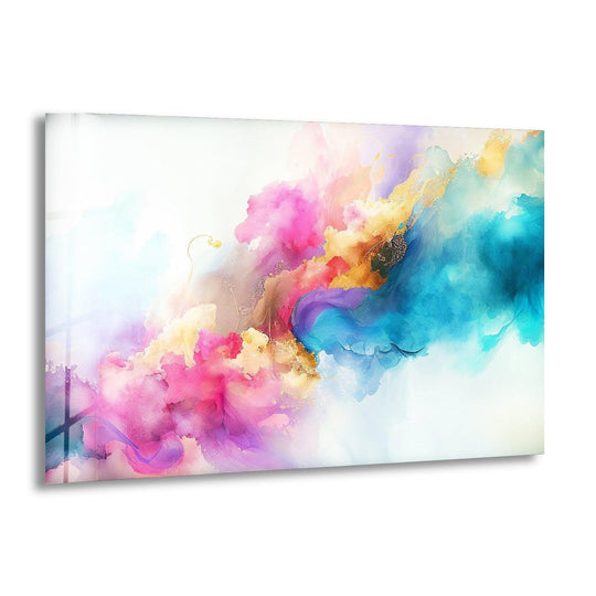 Dark sapphire and deep blue swirls dominate the right side of this abstract glass printing artwork.