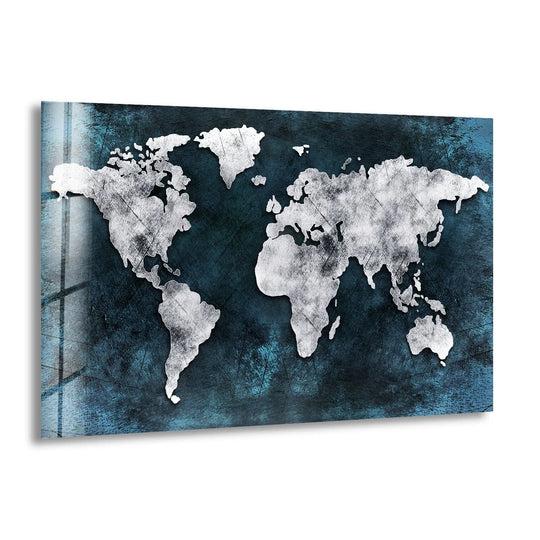 A dark blue distressed background showcases a white abstract world map, ideal for print wall art.