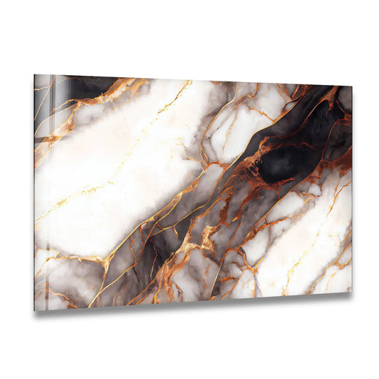 Serene white marble with copper veins evokes stillness on this glass wall art print.