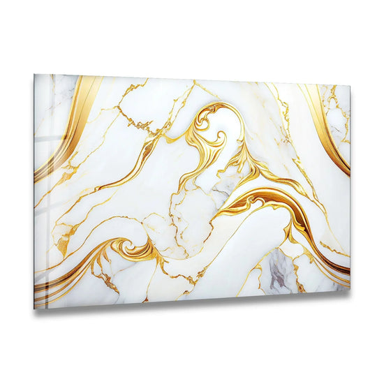 Abstract white and gold marble design on glass wall art, a luxurious home decor piece.