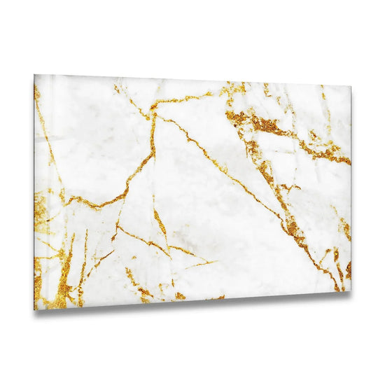 A serene white marble expanse with veins of shimmering gold glitter offers a tranquil glass wall artwork experience.