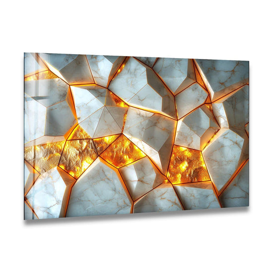 Bold contrast illuminates the white and gold marble mosaic abstract glass wall art for striking home decor.