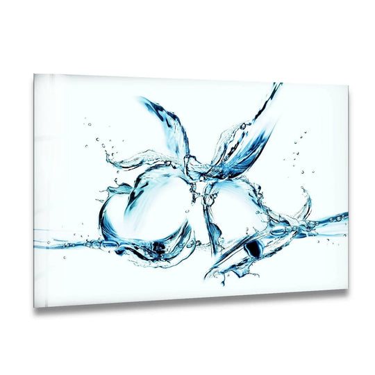 Dynamic water splashes create a visual rhythm across this glass wall artwork, resembling delicate bells.