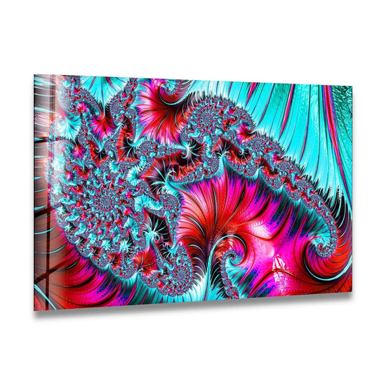 Vibrant abstract glass wall art featuring dominant electric blue and magenta hues in a swirling fractal pattern, a unique modern wall decor.