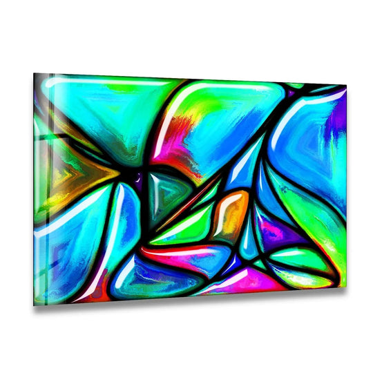 Vivid stained abstract art deco glass wall art showcases a dramatic layering effect with bold blues, greens, and pinks, representing the best glass art.