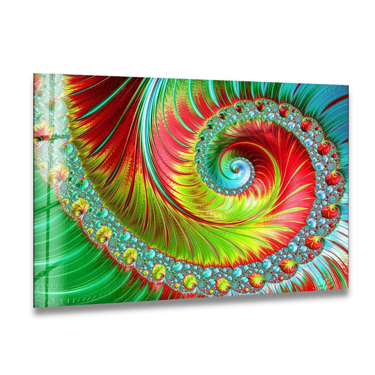 A vibrant, cool-toned fractal spiral in emerald green and bright cyan, showcasing unique modern wall decor.