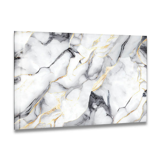 Organic forms of gray veins flow across white marble in this glass wall art for modern interior decor.