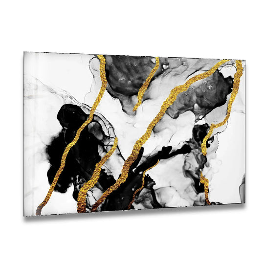 Ink black and white abstract forms interweave with textured gold lines, creating depth in this decorative wall art.