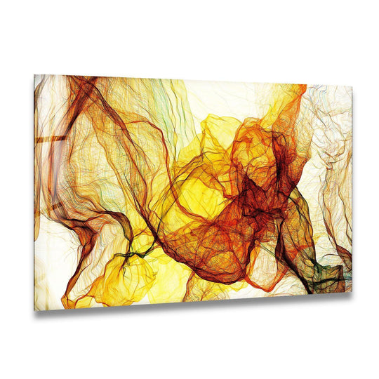 Golden yellow abstract wall prints flow like ethereal smoke, with dark shadows defining the luminous, flowing forms.