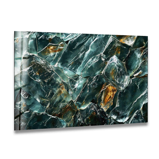 Abstract shards of vivid green marble glass wall artwork are set against a bright white negative space.