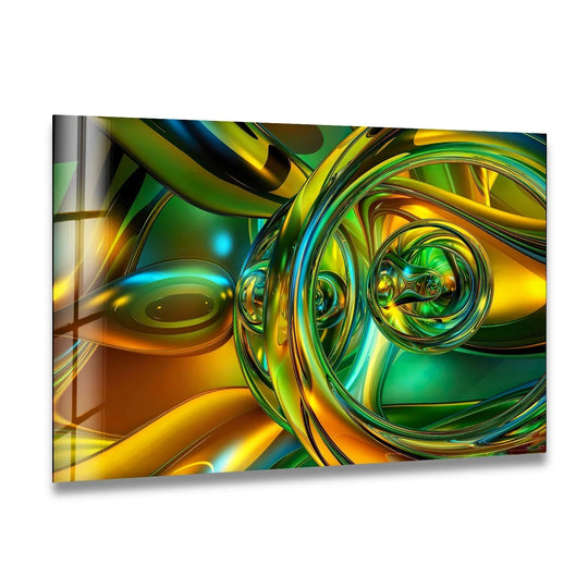 Shiny gold and green abstraction art from glass with reflective, glossy edges and borders.