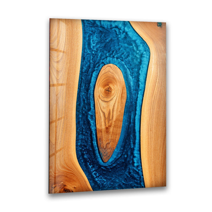 Wanddekoration aus Glas mit blauem Epoxidmuster aus Holz