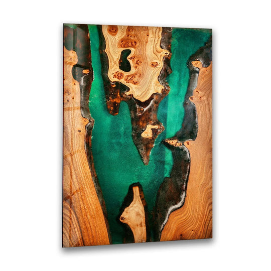 Wooden green epoxy abstract glass wall art features a polished glass edge with a subtle border, showcasing vibrant home decor.