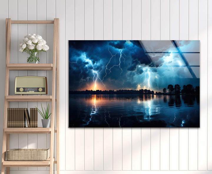 Lightning Storm Over Lake Wall Art – Dramatic Thunderstorm Glass Print