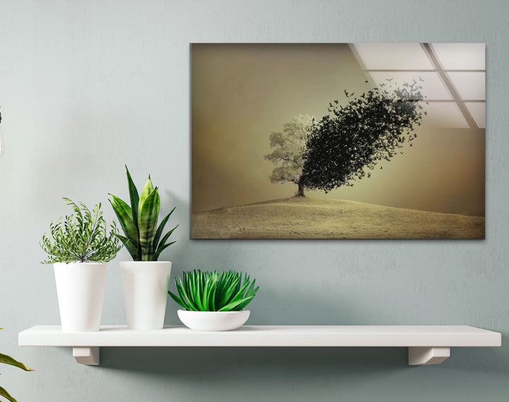 Surreal Tree Turning into Birds Wall Art – Minimalist Nature Glass Print