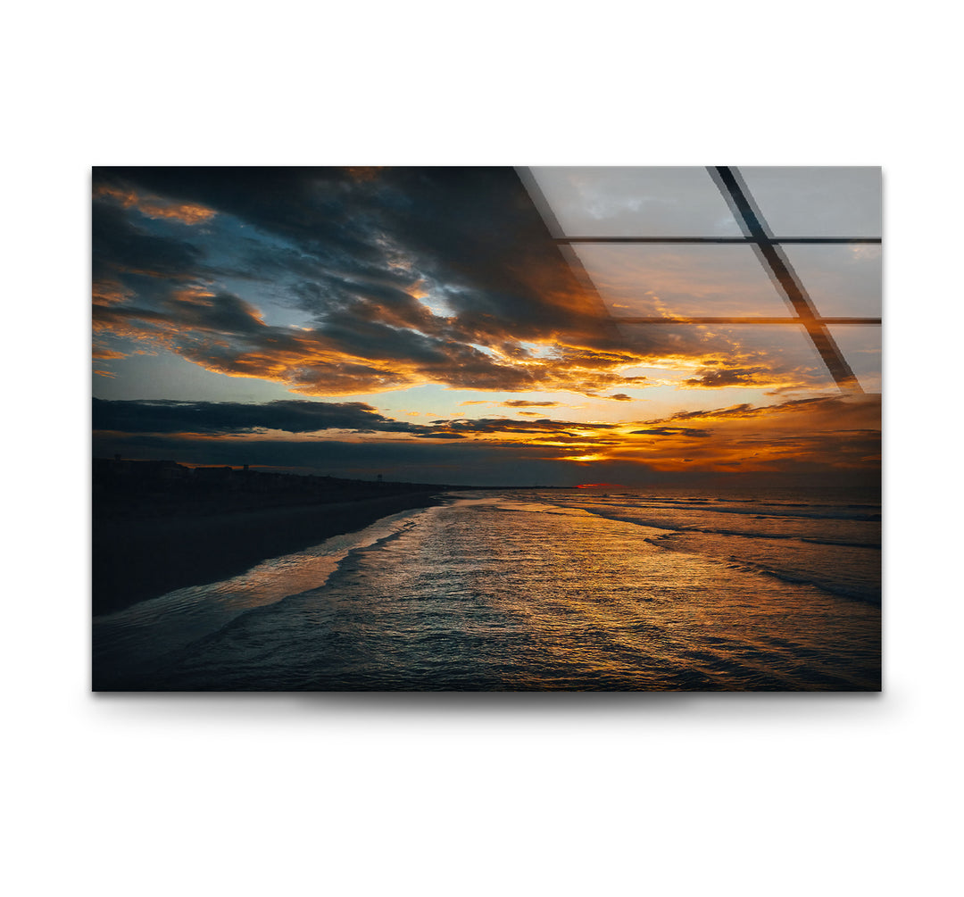 Golden Sunset Ocean Wall Art – Moody Coastal Landscape Glass Print