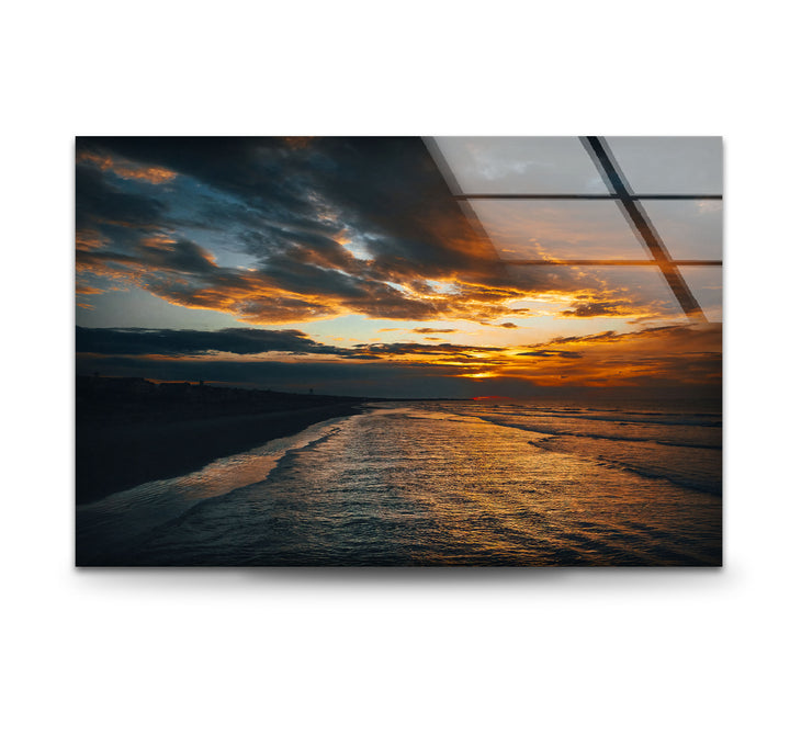 Golden Sunset Ocean Wall Art – Moody Coastal Landscape Glass Print