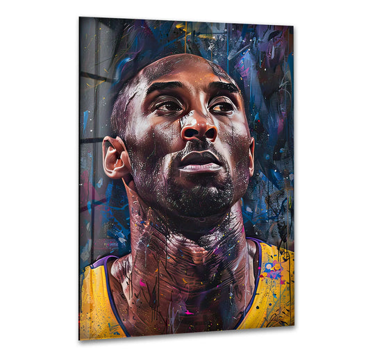 This glass wall art shows a Kobe Bryant portrait painting in yellow and purple tones and is perfect basketball wall decor a tribute to the sports legend