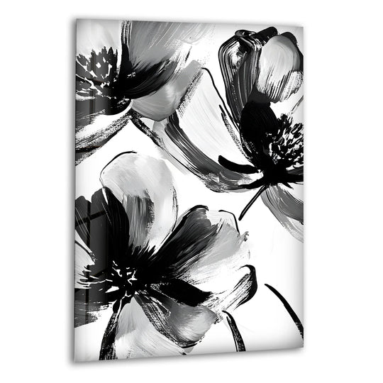 Depicting the central subject, the black and white brushstroke flowers of this abstract floral elegance glass art create a bold yet sophisticated glass art piece.