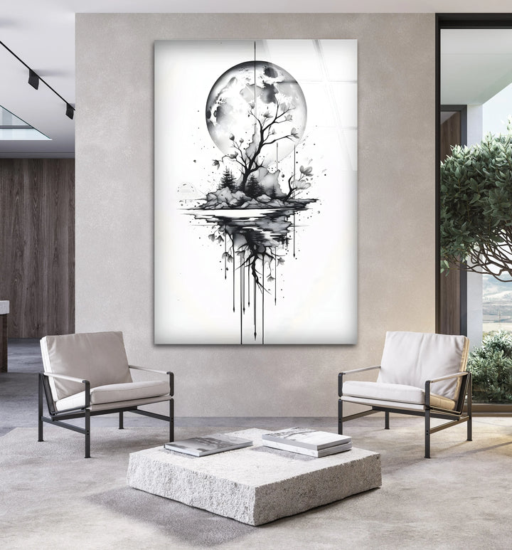 Artistic glass wall print of a moonlit island blending into abstract dripping forms.