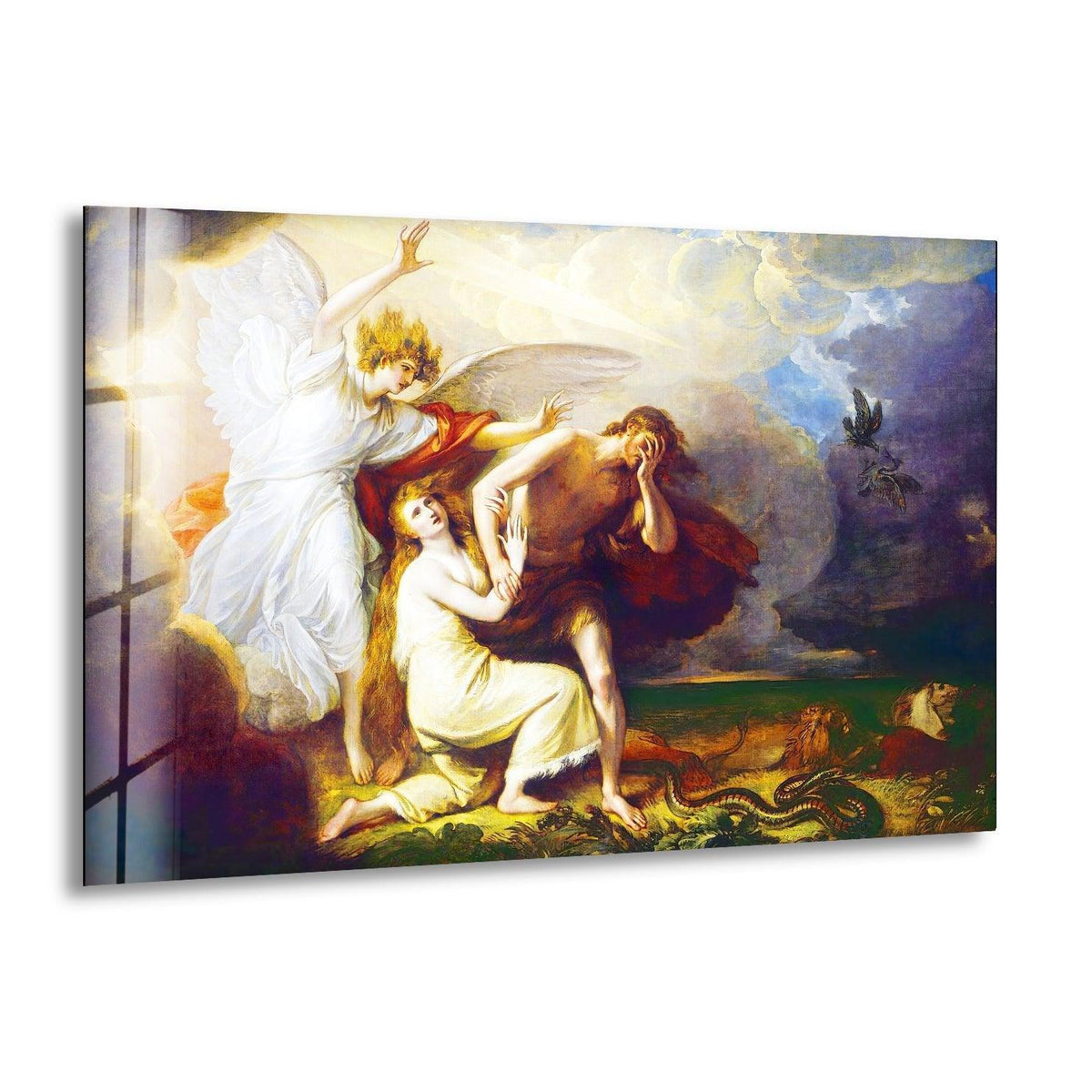 A divine angel urges Adam and Eve away from a serpentine threat in this detailed wall art print.
