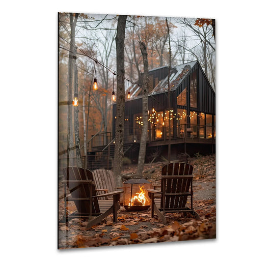 Highlighting the realistic detail, Adirondack camping hanging wall art captures the warm glow of a lantern-lit campfire scene outside a cabin with striking clarity.