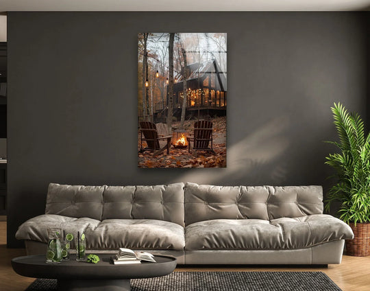 High color saturation highlights the warm campfire and rustic cabin in this Adirondack camping glass wall art, enhancing the unique modern wall decor.