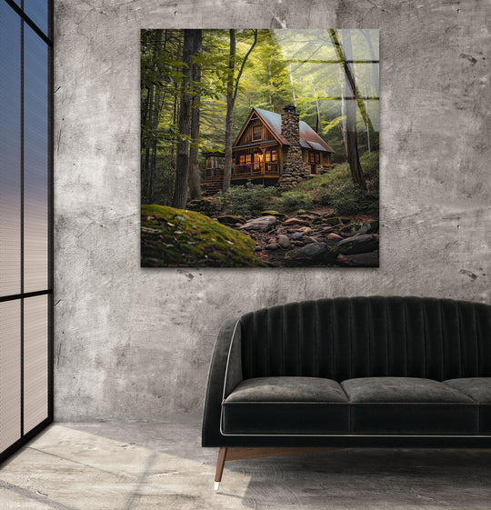 Rustic forest cabin glass wall art, a cozy woodland escape and an example of best glass art, hangs above a couch against a textured gray wall.