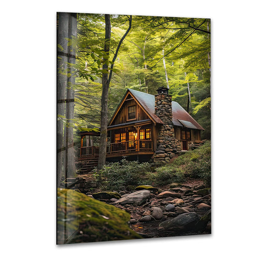 Vivid color contrast defines this rustic forest cabin best glass art, where the cozy woodland escape of the cabin is highlighted against the lush green foliage.