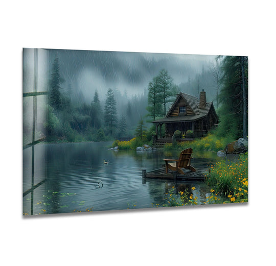 Emphasizing the organic forms, this glass hanging wall art depicts a peaceful lakeside cabin scene amidst the natural shapes of misty evergreens, wildflowers, and gentle raindrops.