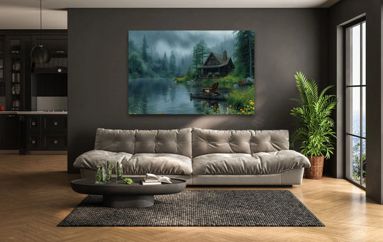 High color saturation enhances the lush greenery and misty lake of this Rainy Lakeside Cabin glass wall art, creating the best glass art for a serene retreat.