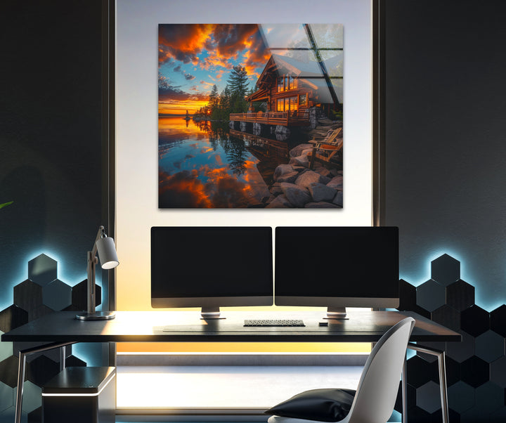 Glass wall art displaying a rustic lakeside home surrounded by nature.
