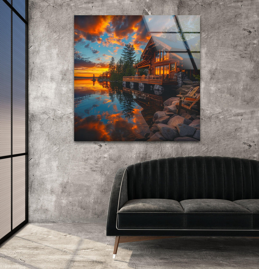 Large landscape wall art of a peaceful lakeside retreat at dusk.
