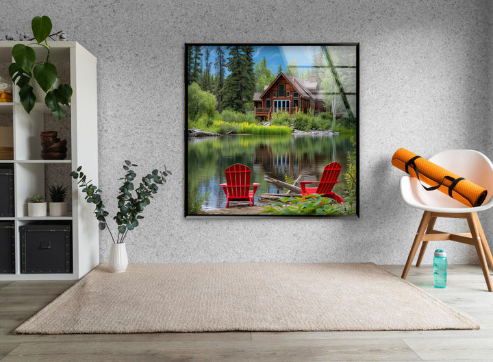 Forest House Landscape Glass Wall Art picture on glass wall art, photos printed on glass
