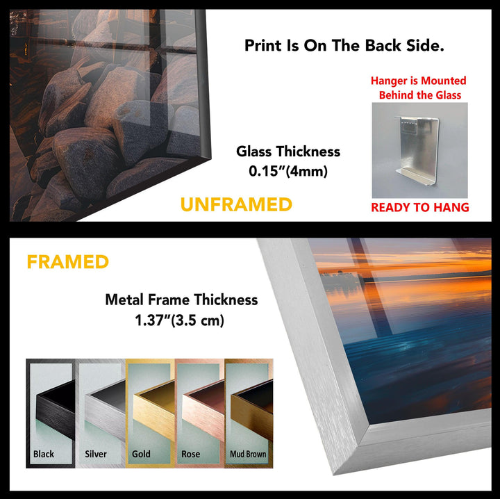 Lakeside Cabin Glass Wall Art: A Cozy Sunset Retreat