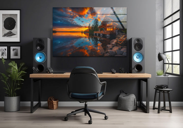 Sunset cabin artwork bringing warmth and tranquility to any space.
