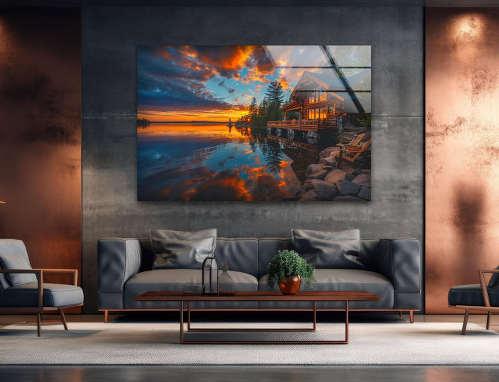 8K glass wall print of a lakeside house with a dramatic evening sky.
