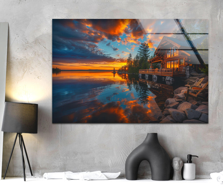Modern glass decor featuring a peaceful lakeside cabin and scenic water views.
