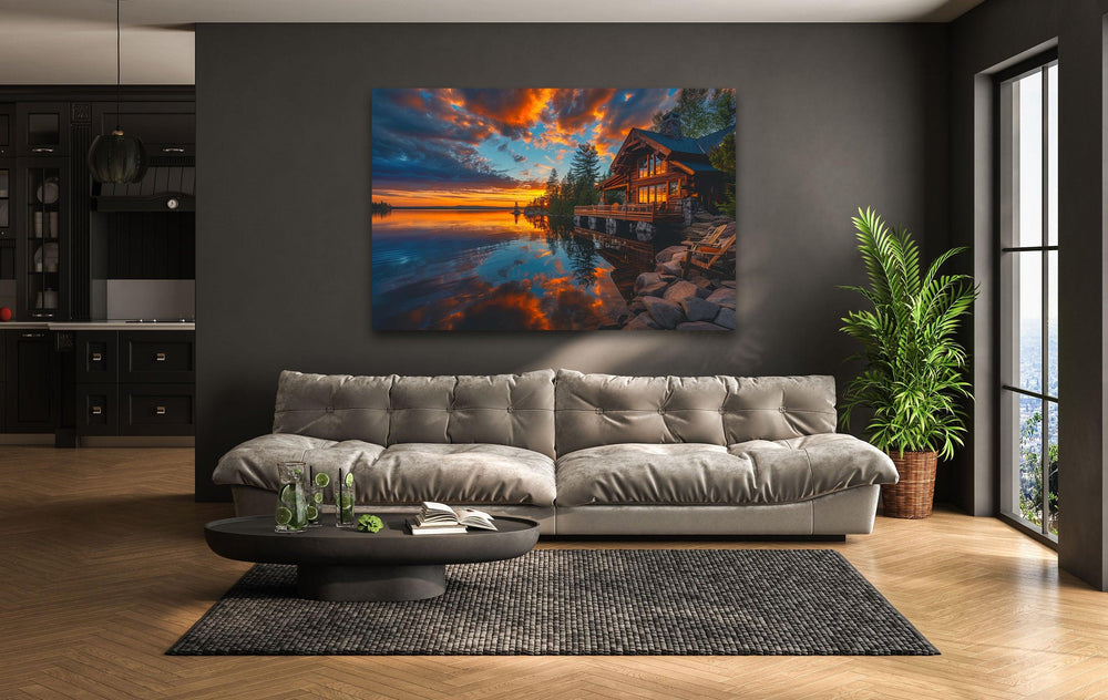 Serene lake view wall decor showcasing a breathtaking sunset reflection.
