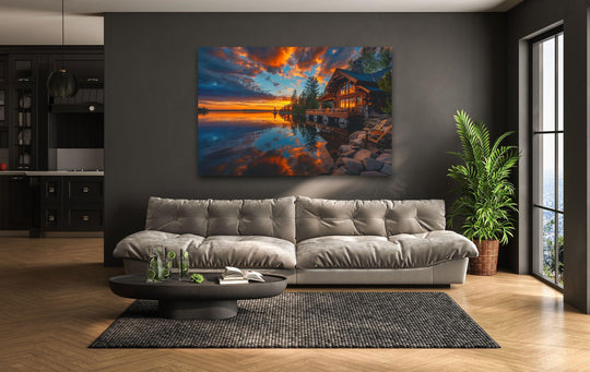 Landscape glass wall art lakeside cabin retreat at sunset lake decor and cozy wall art creating a tranquil atmosphere