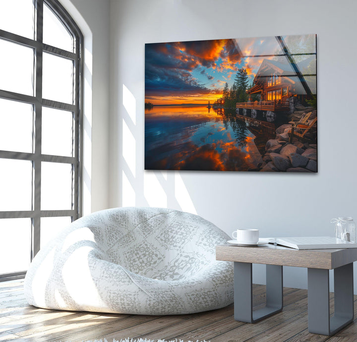 Relaxing nature scene wall art capturing a warm and inviting lakeside sunset.
