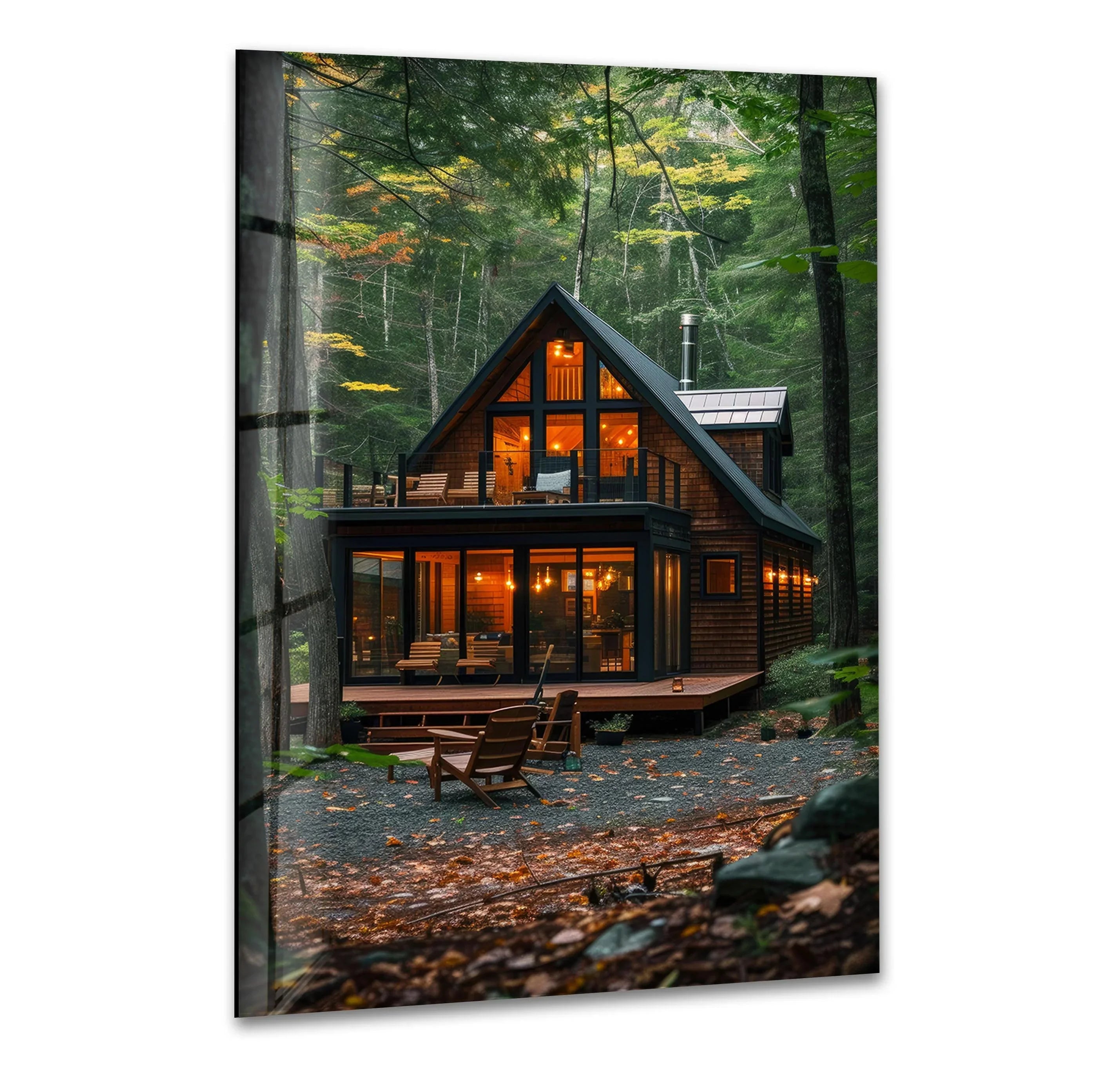 Cozy Forest Cabin Glass Wall Art – Nature-Inspired Serenity