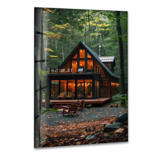 Showcasing the layering effect, this glass wall art prints of a cozy forest cabin captures the depth of a tranquil woodland retreat.