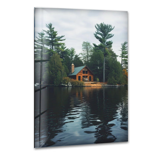 The abstract quality of this lakefront cabin glass art highlights fluid reflections mingling with the structure of the peaceful cabin, capturing serene glass art within a natural lakeside landscape.
