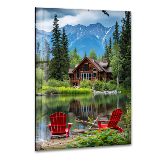 Light and shadow play across the 'Lakeside Cabin Retreat' in this vibrant glass art, highlighting the reflections on the water and the cozy details of the forest house.