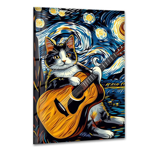 A tuxedo cat plays an acoustic guitar under a vibrant Van Gogh-inspired starry night sky in this detailed glass art painting.