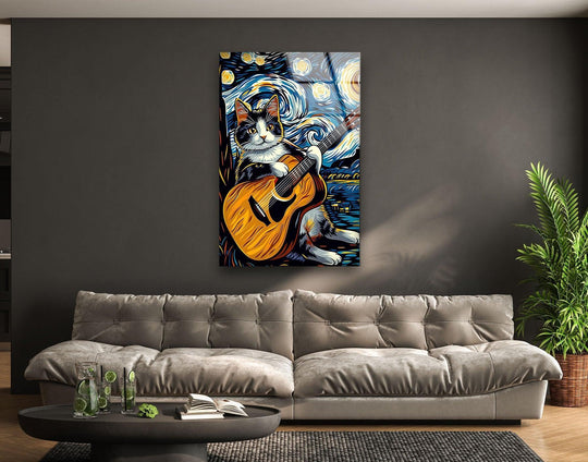 A black and white cat plays a guitar against a vibrant, high-contrast starry night sky, featured on this print wall art.